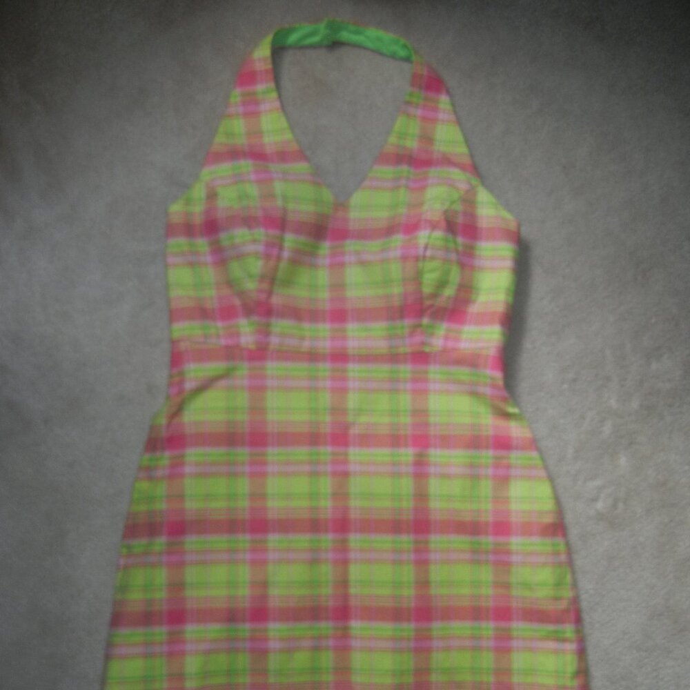 Liz Claiborne LizGolf Sz 12 Golf Plaid Pastel Halter Dress Cotton Lined Stretch